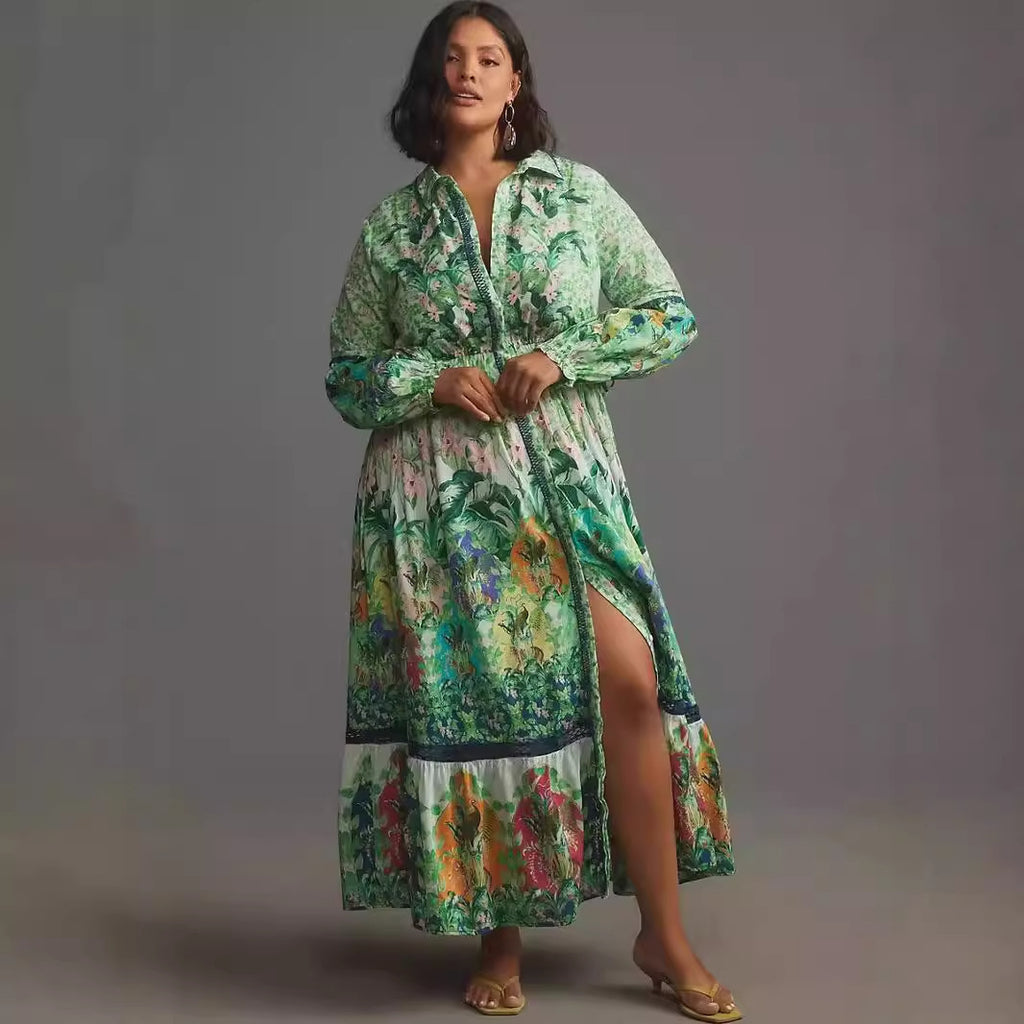 Women's Floral Print Long-sleeved Shirt Dress