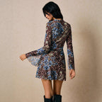 New Double-layer Round Neck Mesh Slit Trumpet Long Sleeve Fashion Slim Dress