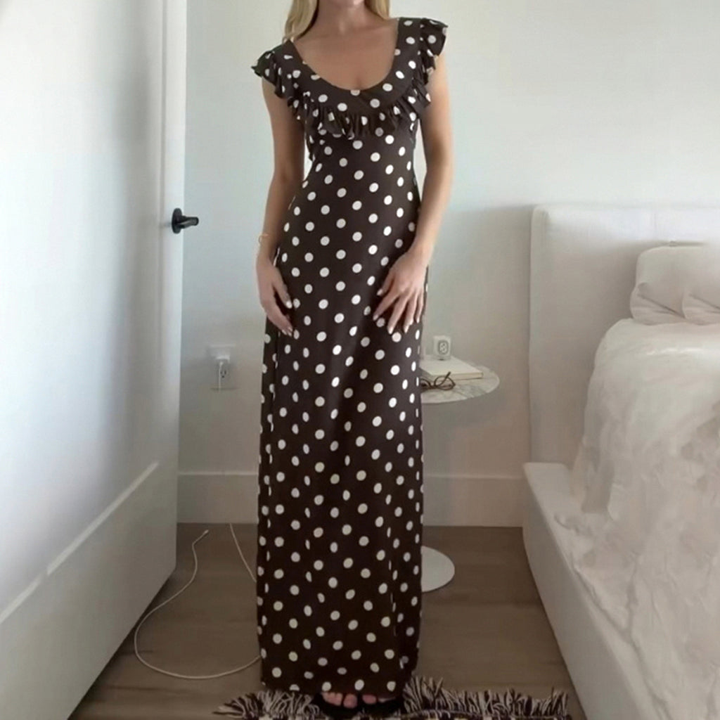 French Elegant Ruffled U-neck Polka Dot Dress Women