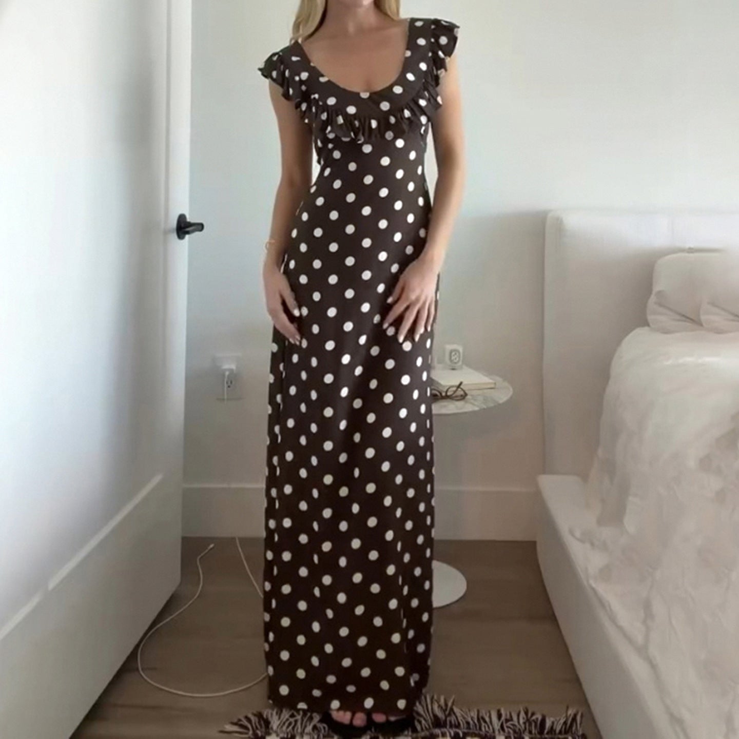 French Elegant Ruffled U-neck Polka Dot Dress Women