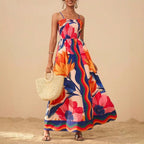 Printed Elegant Graceful Smocking Waist Slimming Sleeveless Dress Women