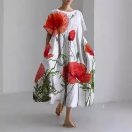 Loose Round Neck Advanced Short Sleeve Printing Dress