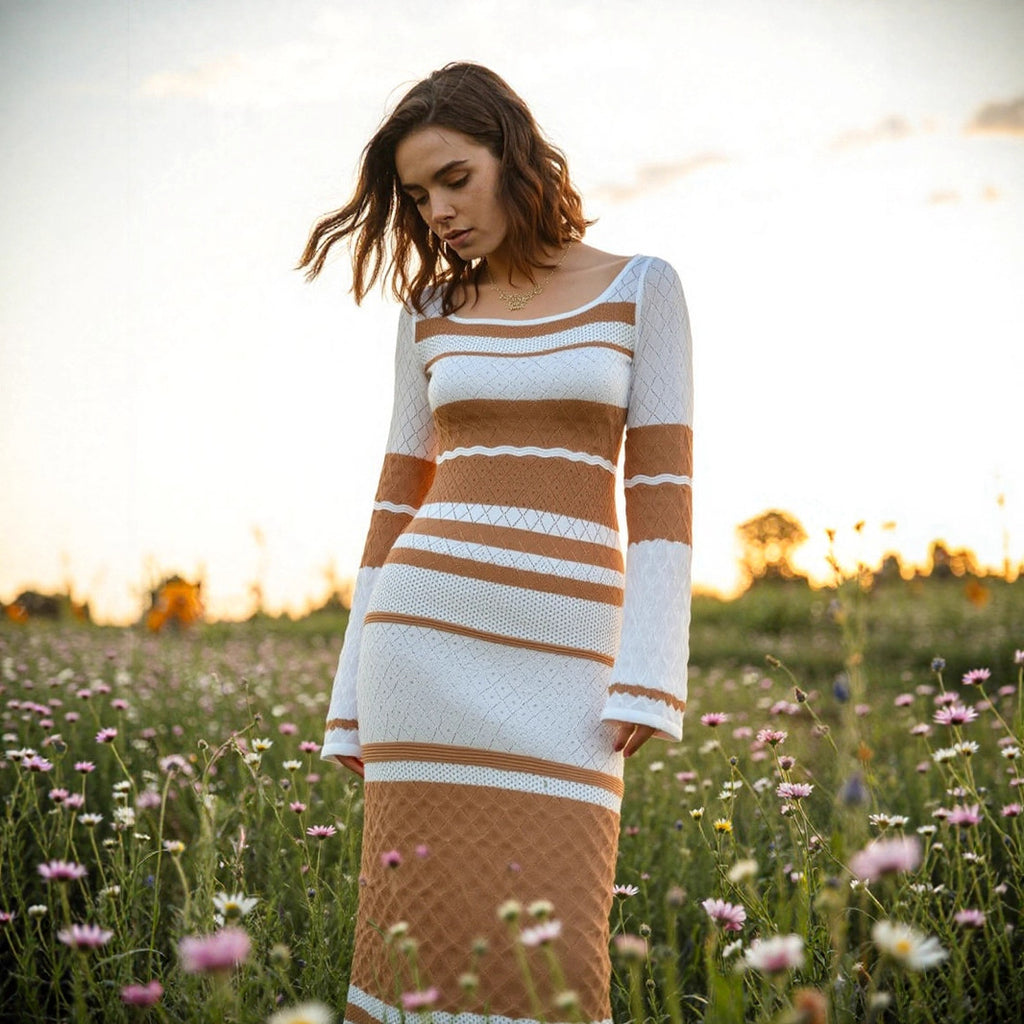 Colorful Contrast Color U-neck Sexy Long-sleeved Knitted Dress