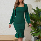 Long Sleeve Square-neck Fishtail Midi Dress