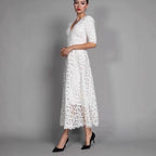 New Temperament Commuter White Lace Long Dress Elegant V-neck Design Floral Dress Evening Dress