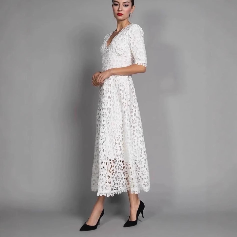 New Temperament Commuter White Lace Long Dress Elegant V-neck Design Floral Dress Evening Dress