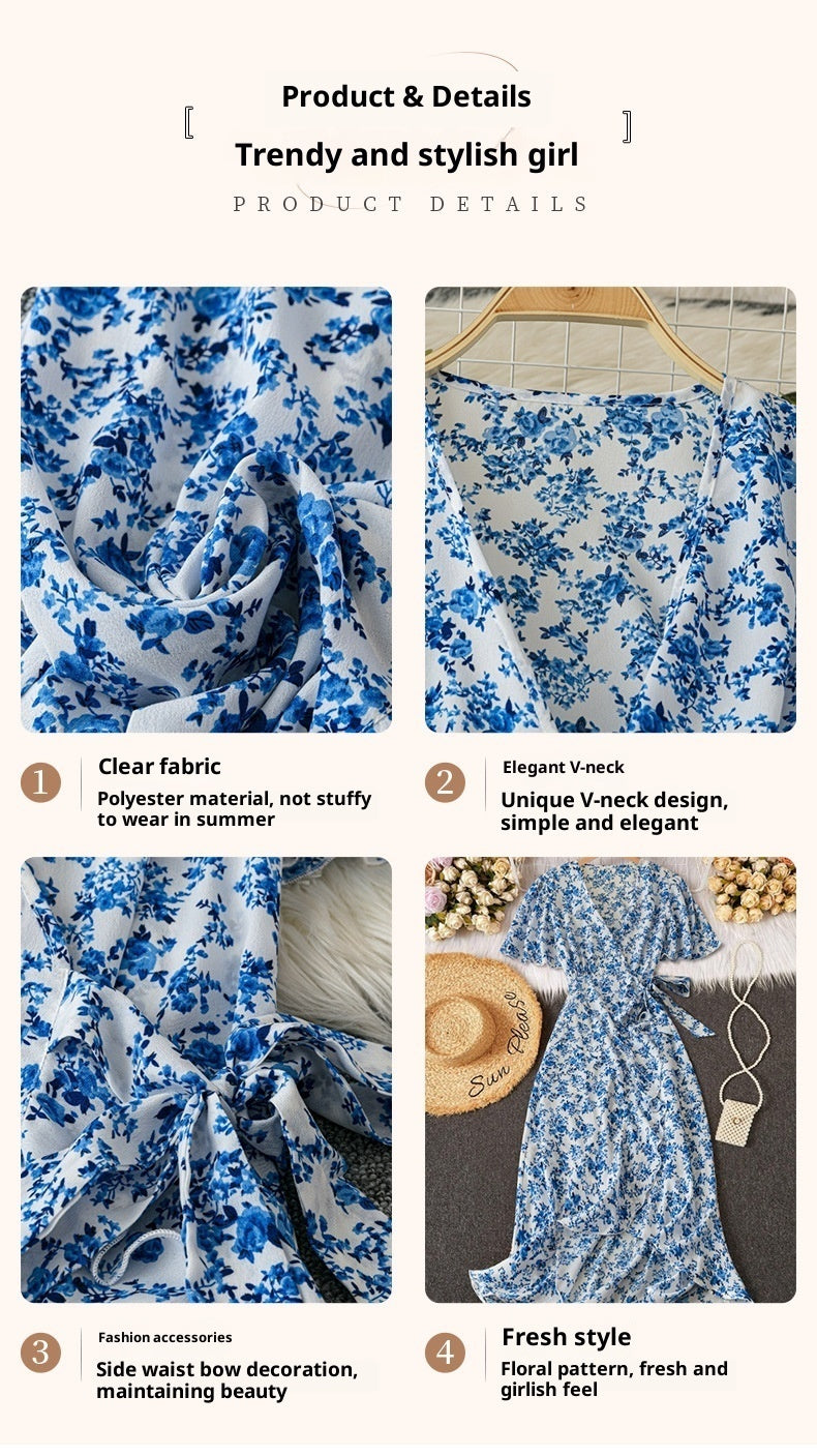 Short-sleeved V-neck Waist-cinching A-line Flared Dress