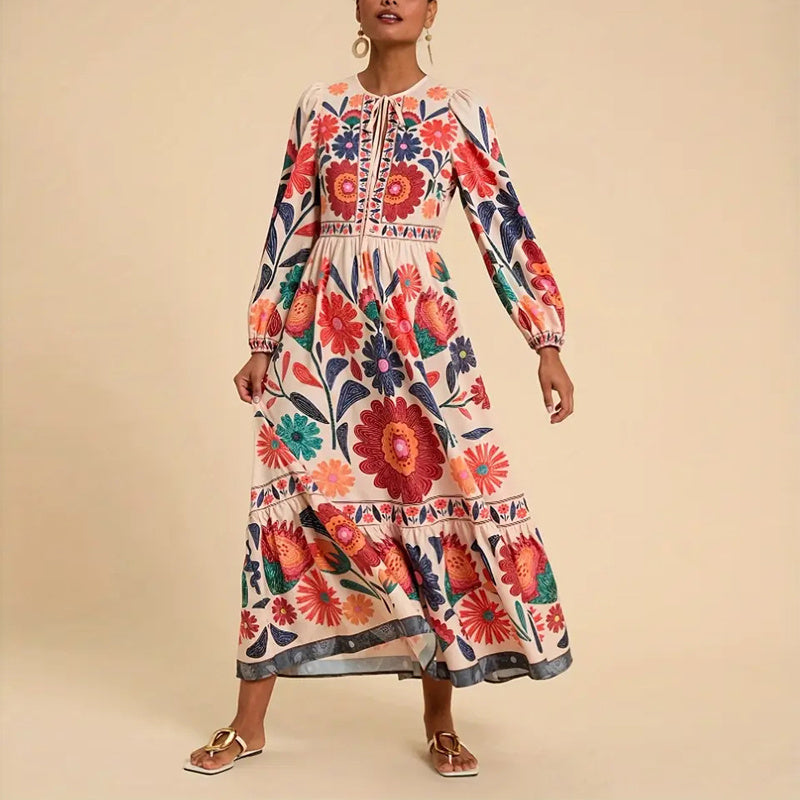 Women's Bohemian Floral Print Dress Cuff Long Sleeve Round Neck Maxi Dress For Spring&Fall