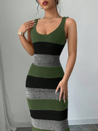 Striped Contrast Color Suspender U-neck Dress Long Knitted Dress
