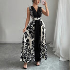 Sleeveless Printed Temperament V-neck Color-block Midi Dress