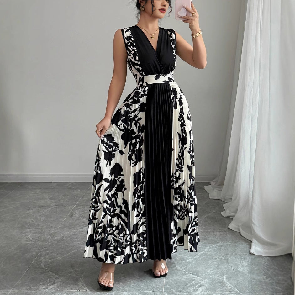 Sleeveless Printed Temperament V-neck Color-block Midi Dress