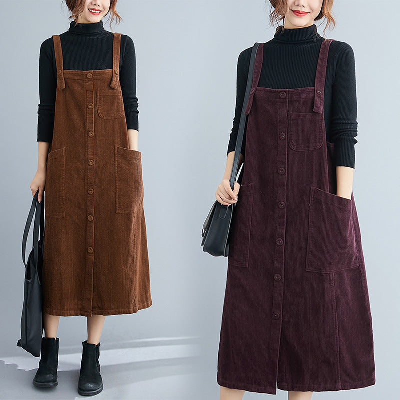 Sleeveless Artistic Large Size Loose Mid-length Women's Vest Dress Corduroy