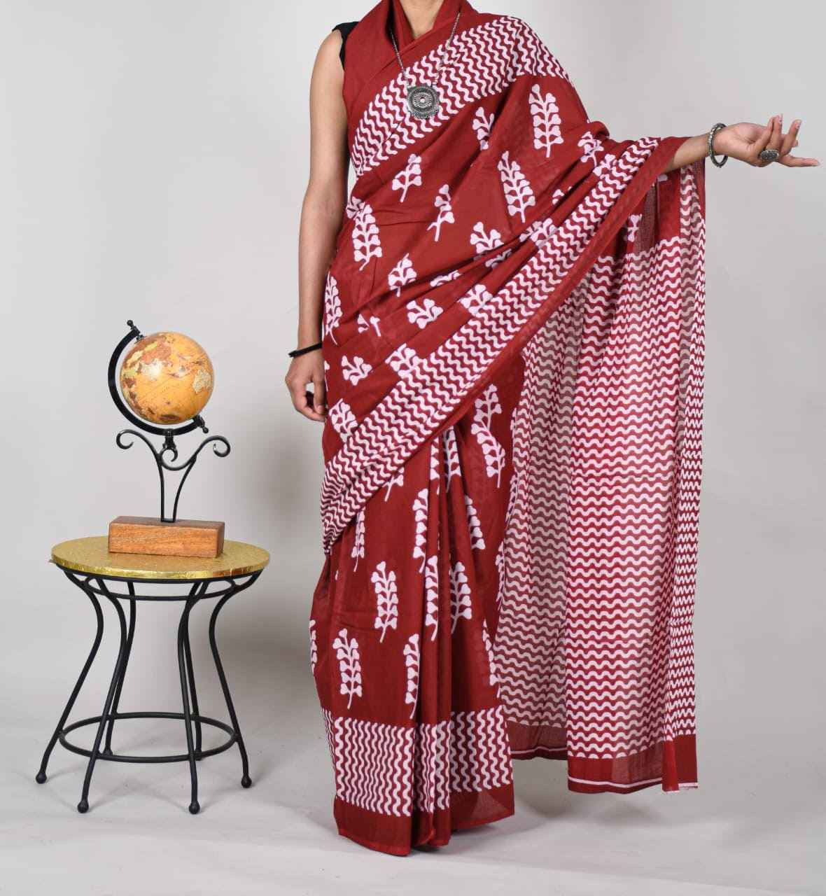 Wine Echo Mulmul Cotton Saree